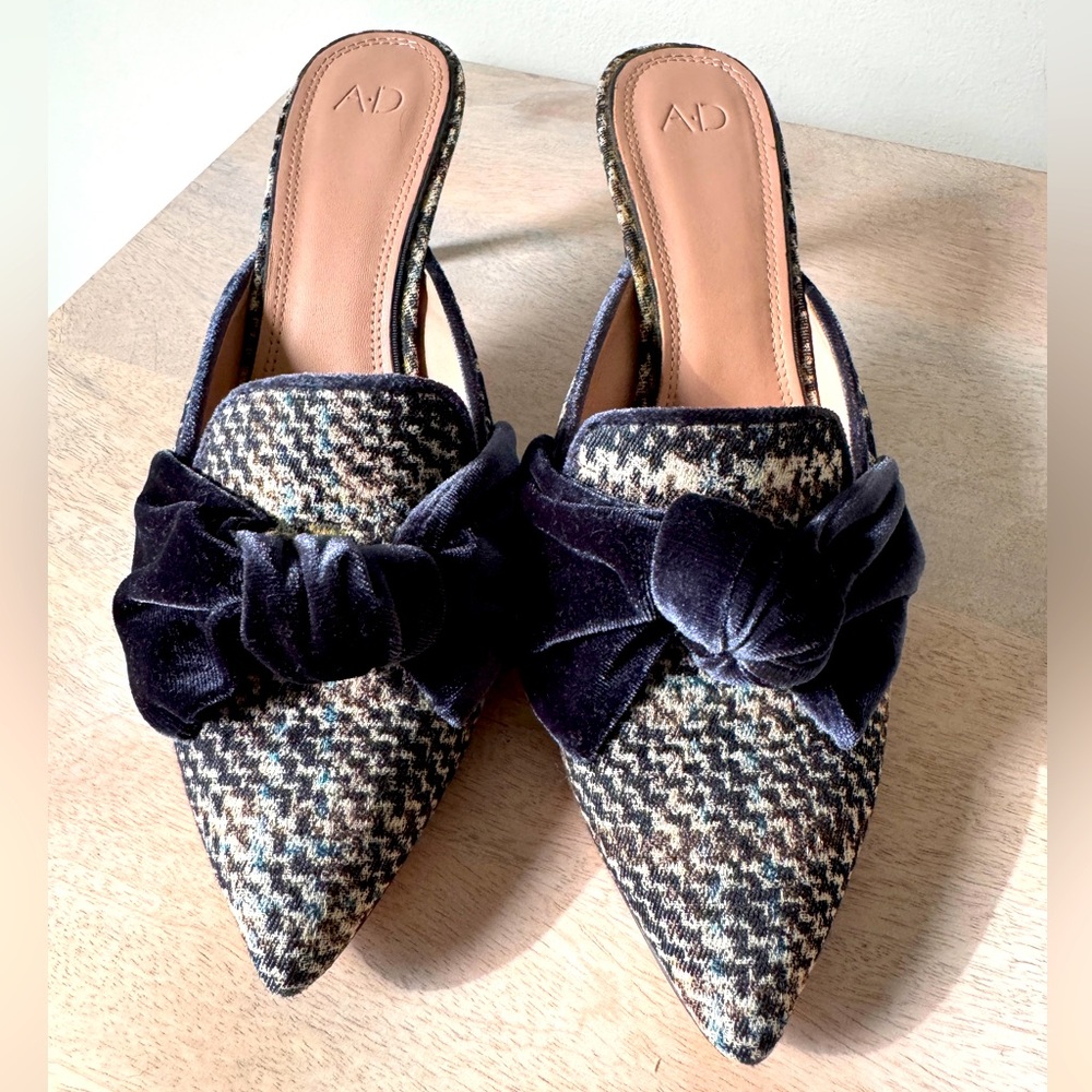 AD & Daughters size 9 Women's Tweed and Velvet Bow Mules - Navy and Brown